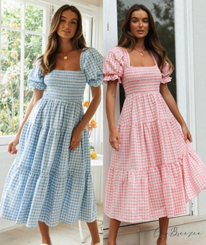 Plaid Puff Stylish Sleeve Midi Dress