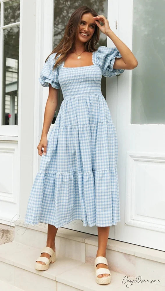 Plaid Puff Stylish Sleeve Midi Dress Blue / S