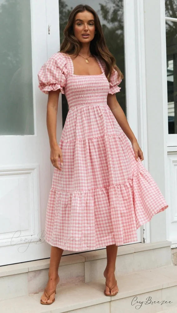 Plaid Puff Stylish Sleeve Midi Dress pink / S