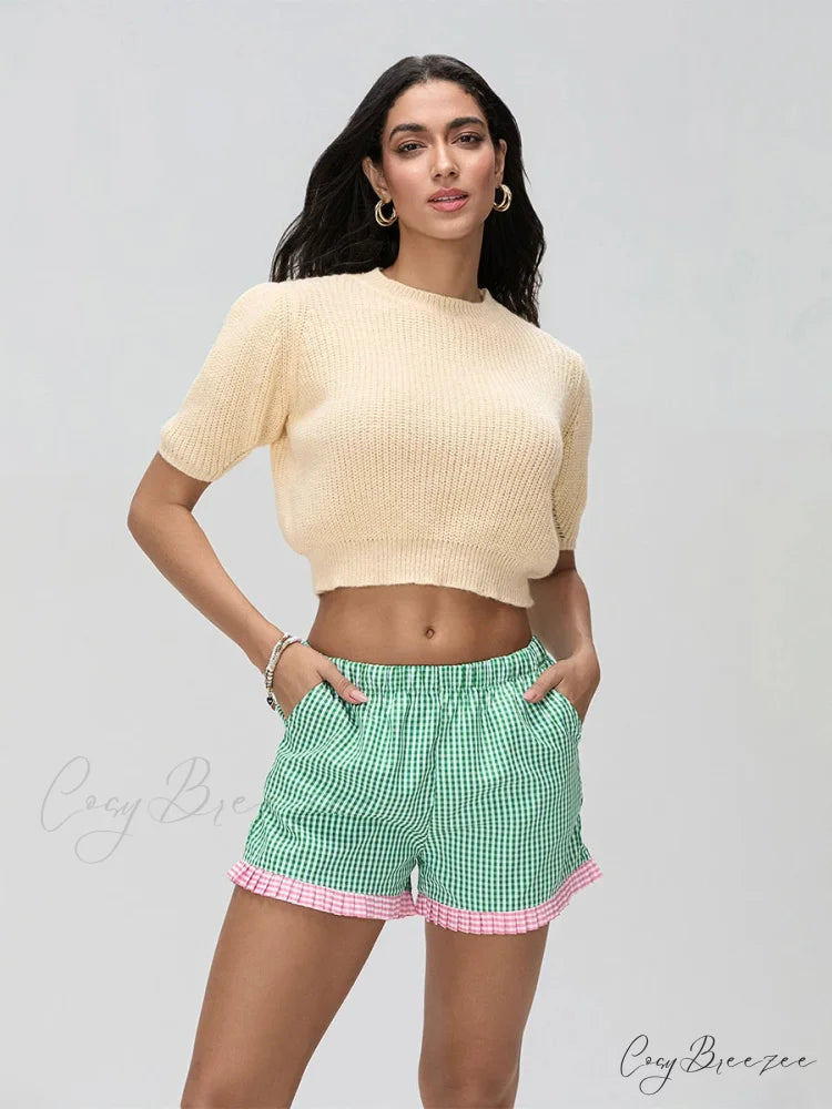 Plaid Ruffle Hem Loose Shorts Green / S short-250223