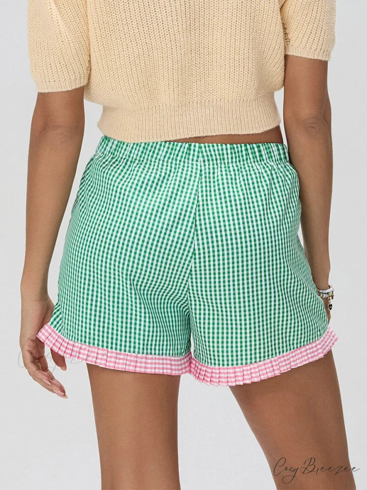 Plaid Ruffle Hem Loose Shorts short-250223