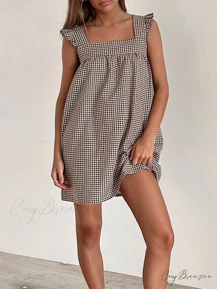 Plaid Ruffle Square Neck Mini Dress Light Brown / S minidress-250223