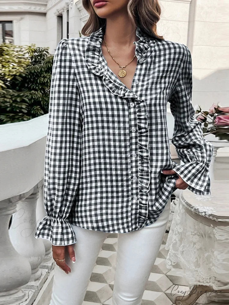 Plaid Ruffle V-Neck Shirt blouse-250223