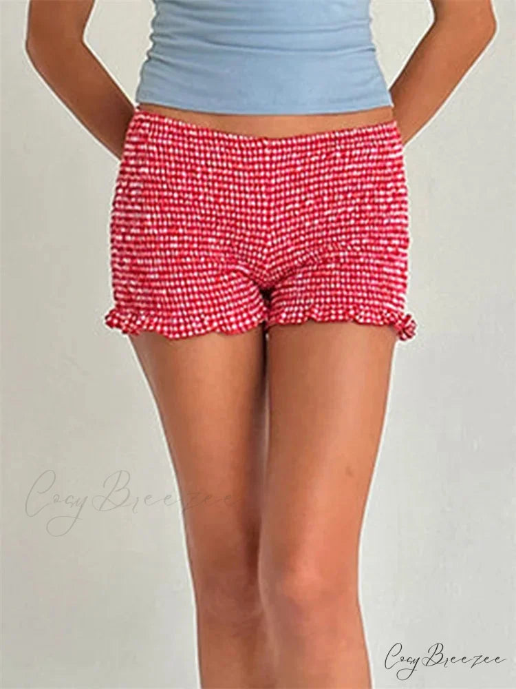 Plaid Ruffled Pajama Lounge Shorts short-250223