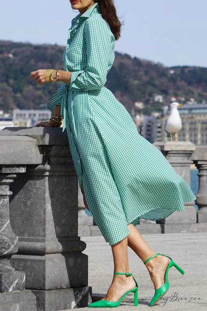 Plaid Shirt Dress with Tie-waist Green / L