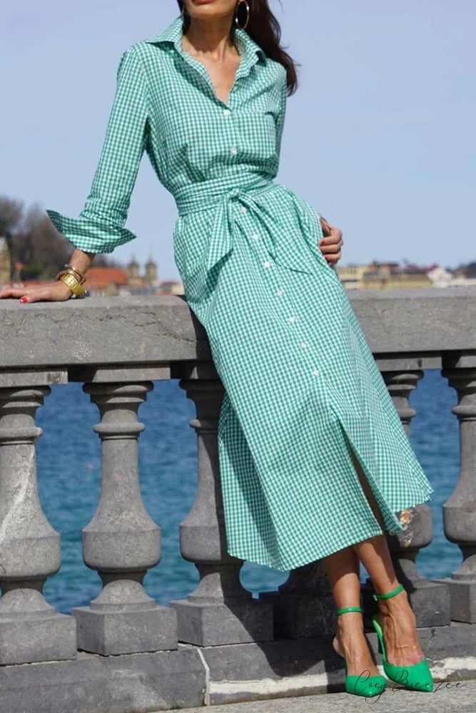 Plaid Shirt Dress with Tie-waist Green / S
