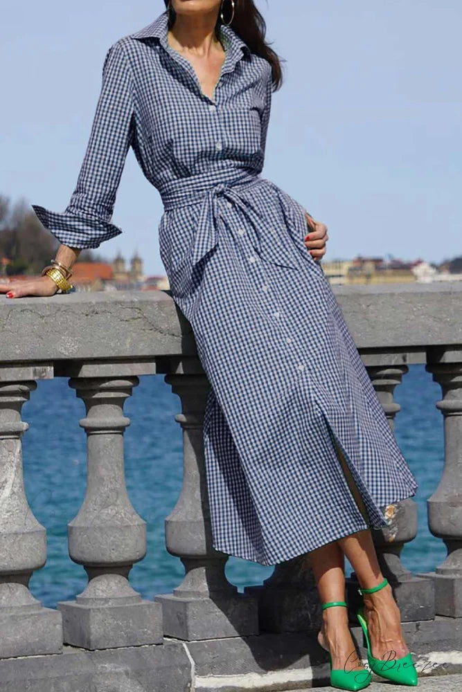 Plaid Shirt Dress with Tie-waist Navy Blue / S