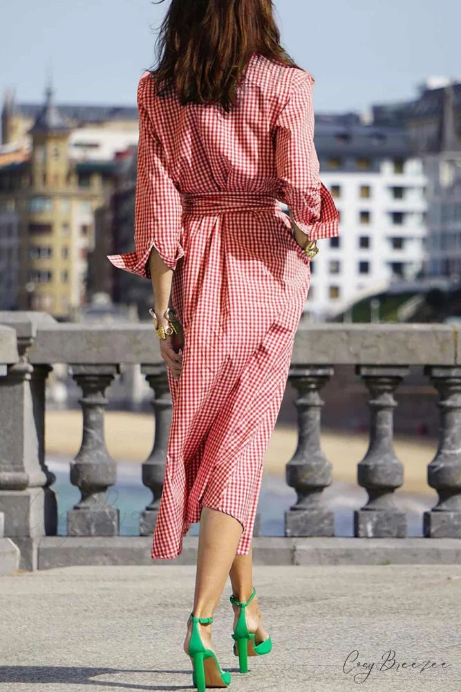 Plaid Shirt Dress with Tie-waist Red / 2XL