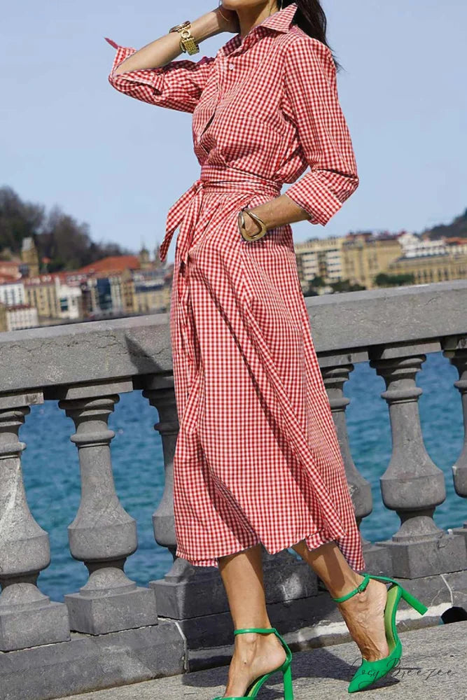 Plaid Shirt Dress with Tie-waist Red / L