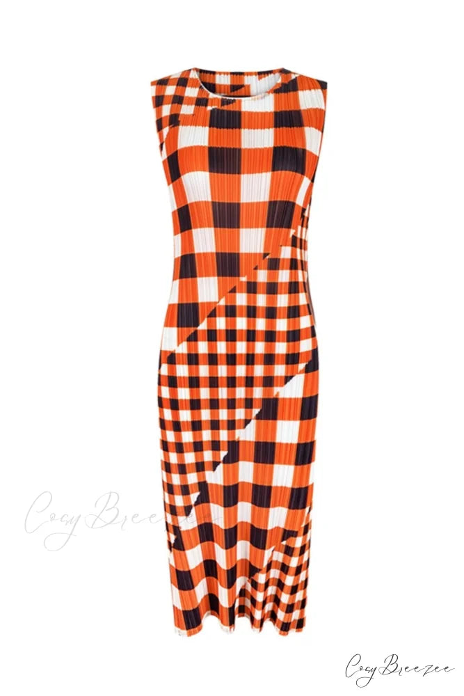 Plaid Sleeveless Pleated Dress Orange / One Size