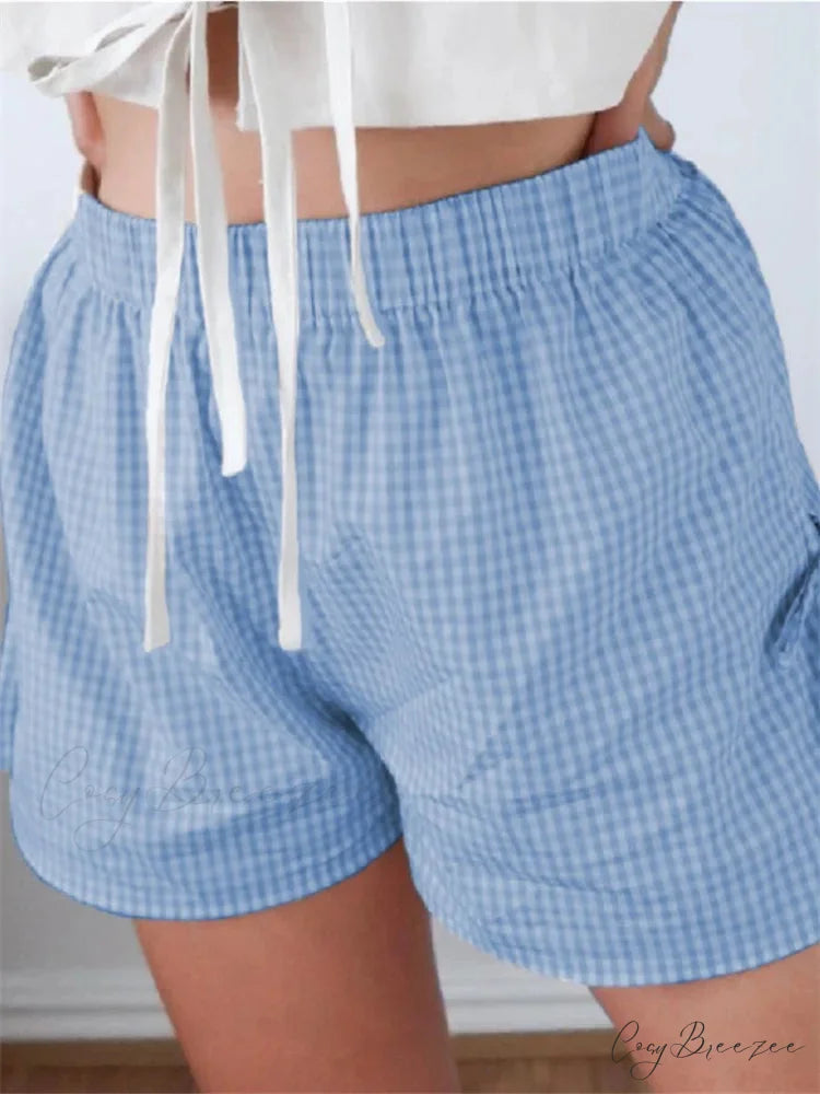 Plaid Split Lace-Up Hollow Shorts blue / S short-250223