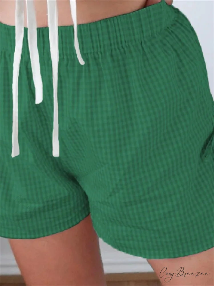 Plaid Split Lace-Up Hollow Shorts green / S short-250223