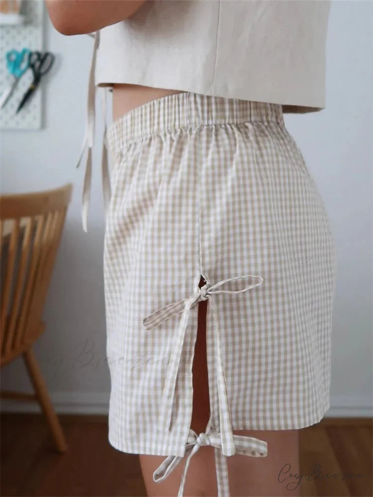 Plaid Split Lace-Up Hollow Shorts short-250223