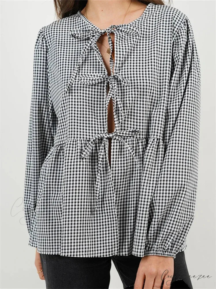 Plaid Stripe Front Tie-up Long Sleeve Crop Top Black / S blouse-250126