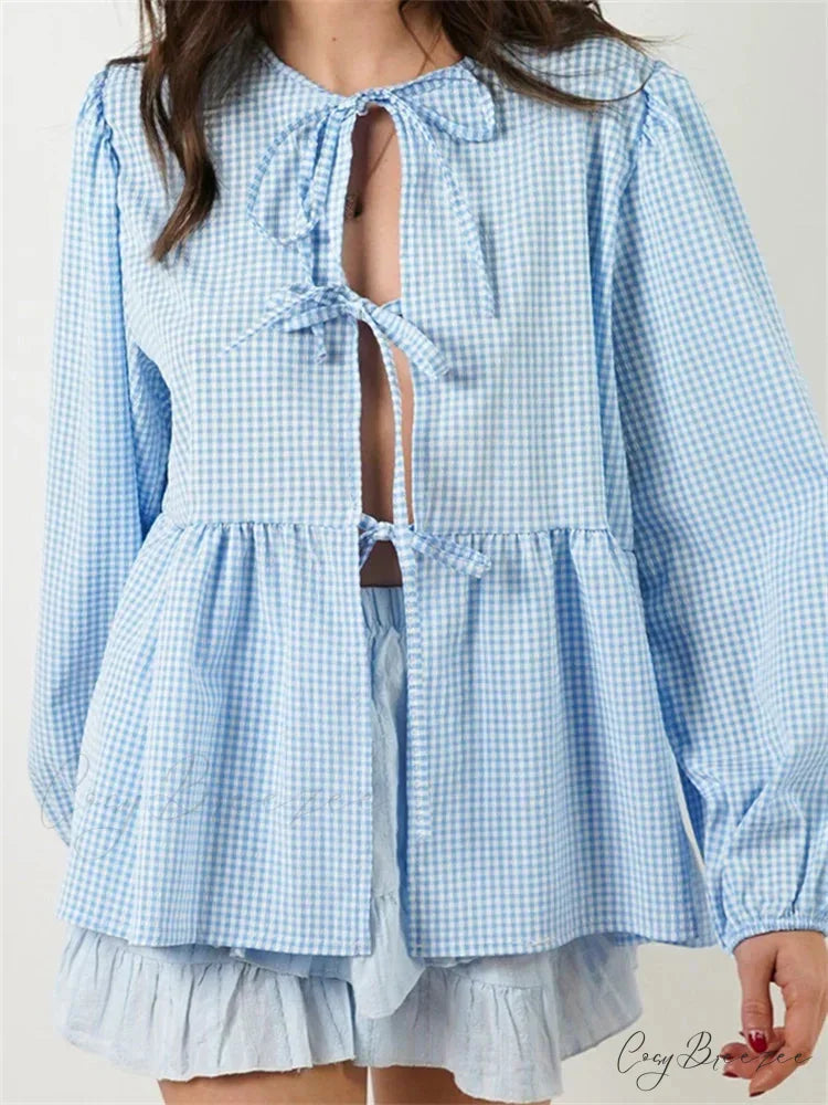 Plaid Stripe Front Tie-up Long Sleeve Crop Top SKY BLUE / S blouse-250126