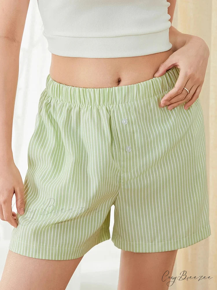 Plaid Striped Button Lounge Shorts green / S short-250223