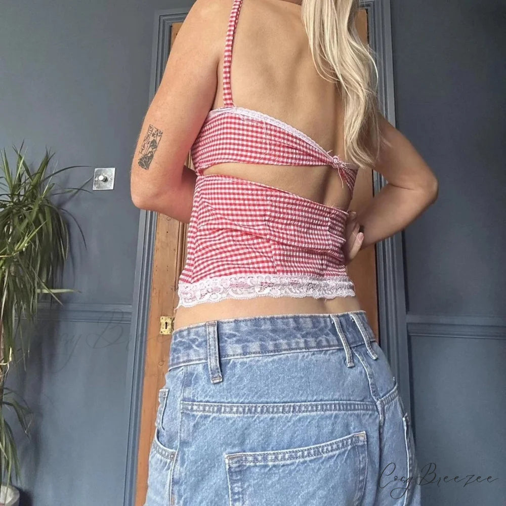 Plaid Tie-Up Lace Crop Top croptop-250223