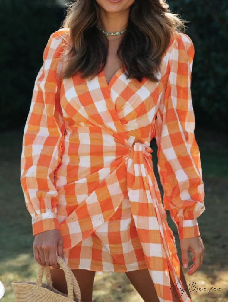 Plaid V-neck Mini Dress Women Country Style Long Sleeves Wrap Dresses L / ORANGE