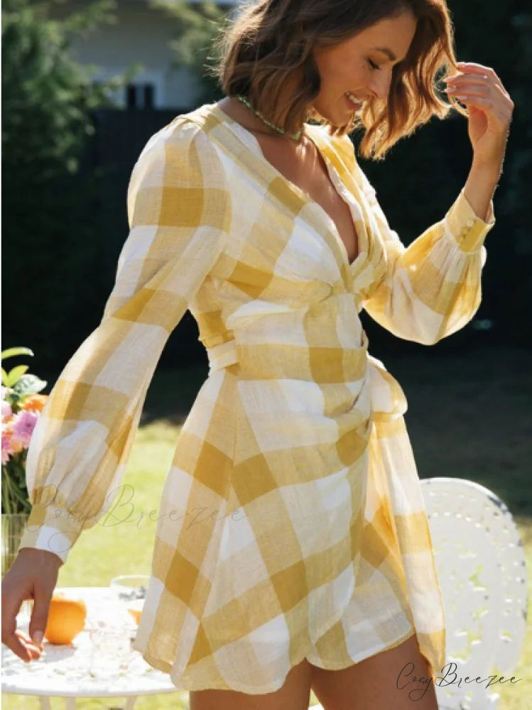 Plaid V-neck Mini Dress Women Country Style Long Sleeves Wrap Dresses M / ORANGE