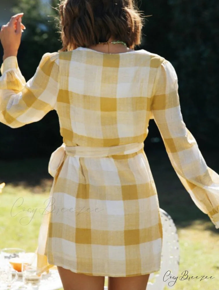 Plaid V-neck Mini Dress Women Country Style Long Sleeves Wrap Dresses M / YELLOW