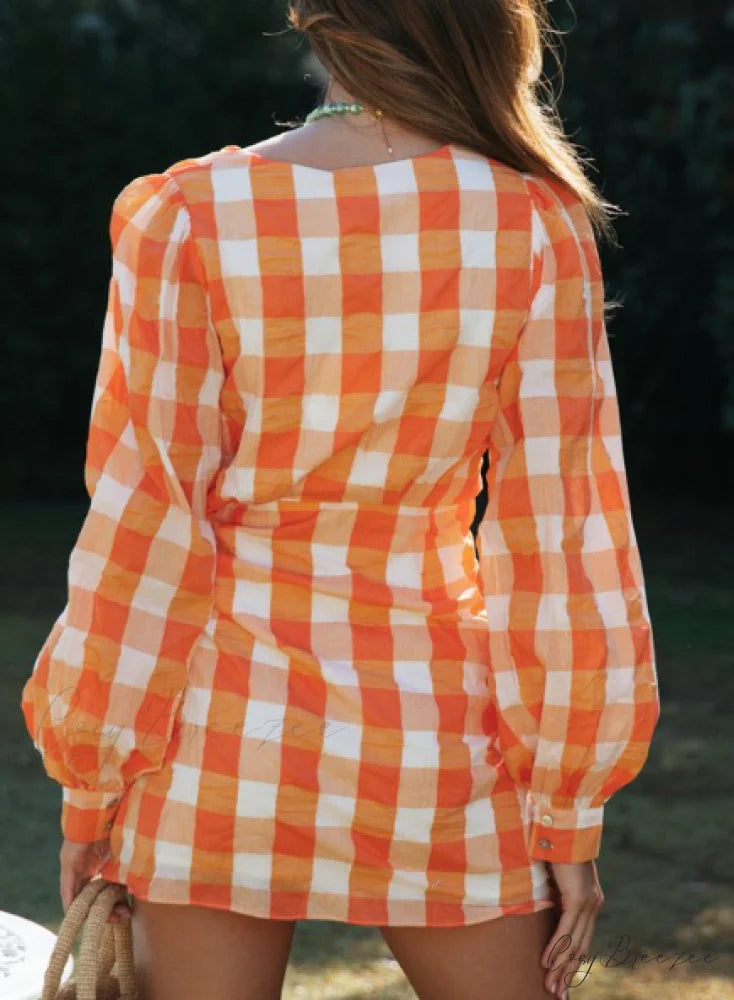 Plaid V-neck Mini Dress Women Country Style Long Sleeves Wrap Dresses XL / YELLOW