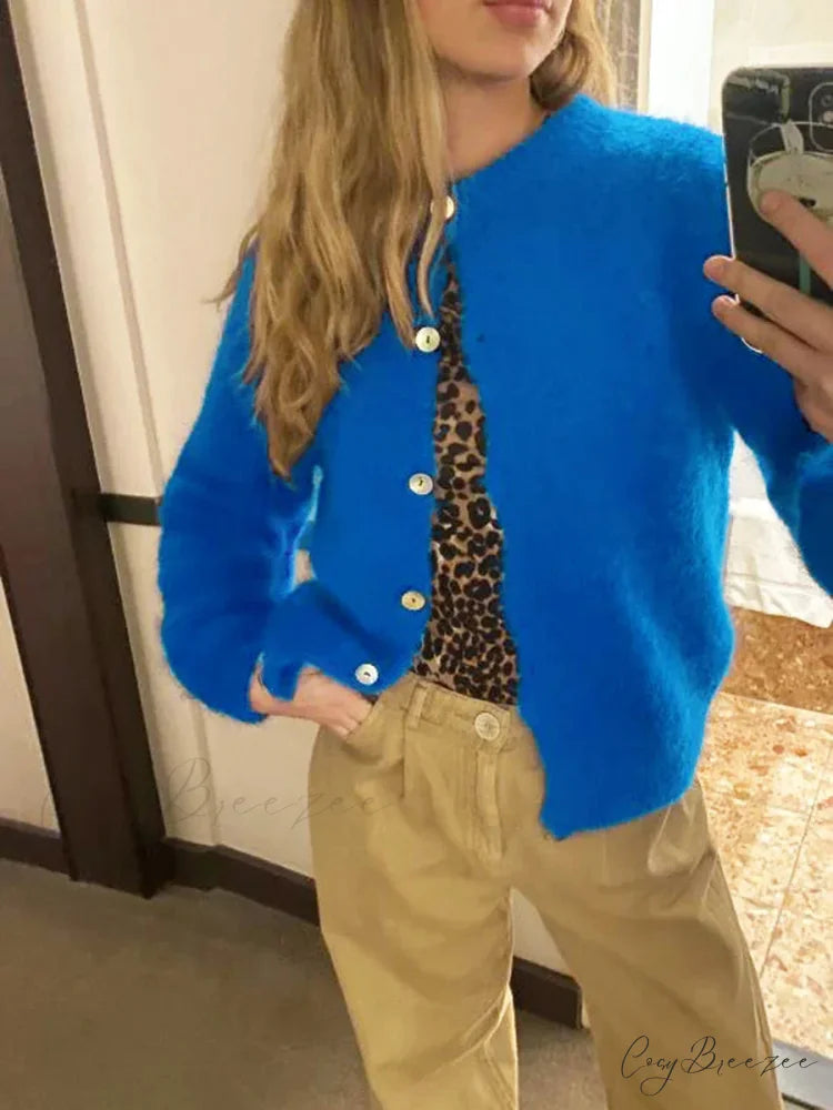 Plain Color Button-Down Full Sleeve Cardigan blue / S cardigans-241228