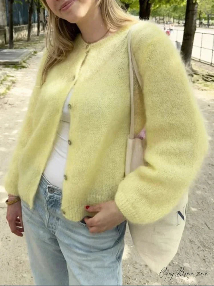 Plain Color Button-Down Full Sleeve Cardigan green / S cardigans-241228