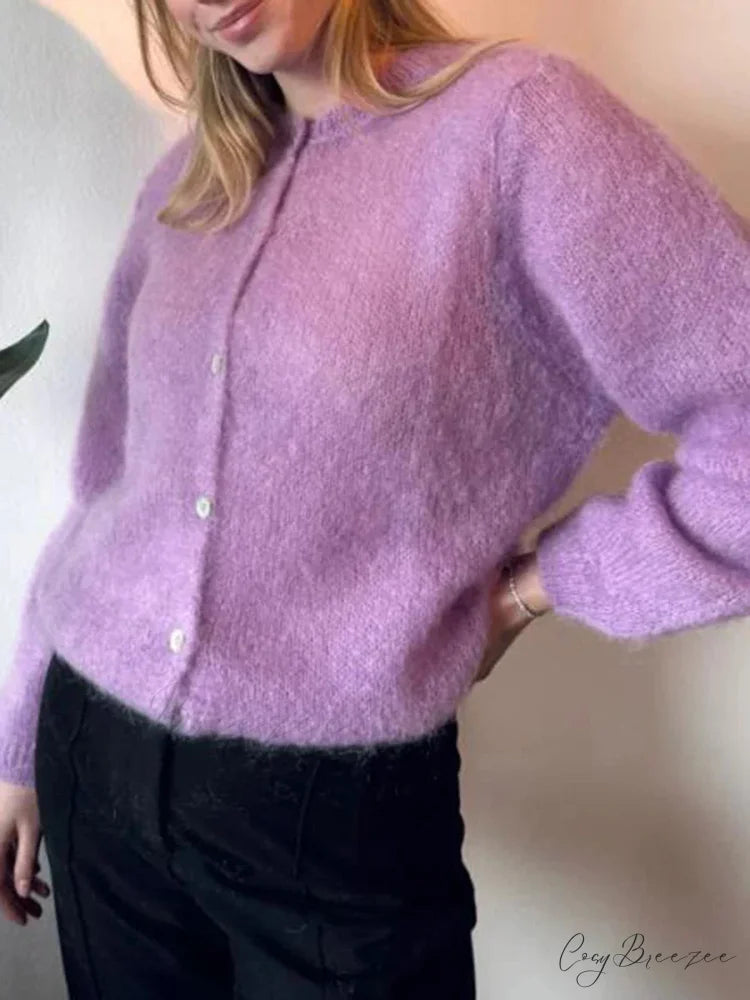 Plain Color Button-Down Full Sleeve Cardigan purple / S cardigans-241228