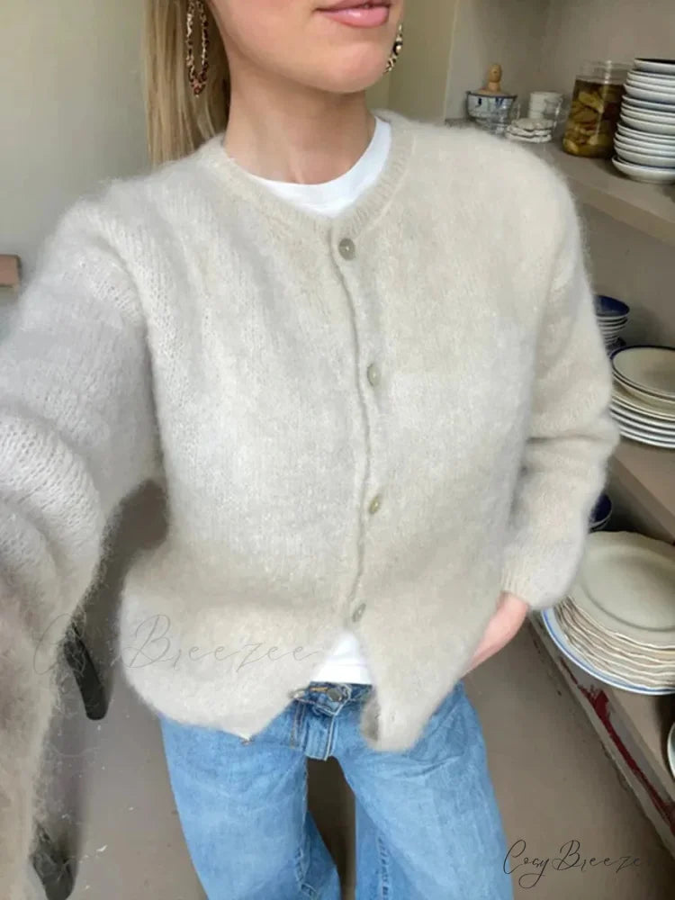 Plain Color Button-Down Full Sleeve Cardigan white / S cardigans-241228
