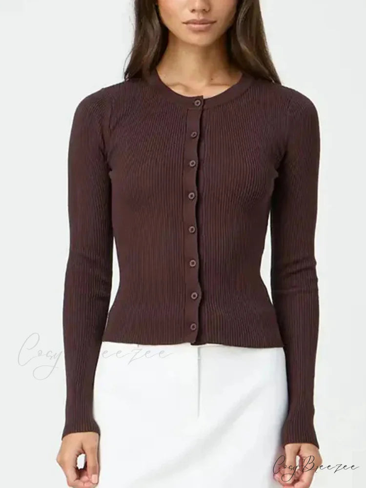 Plain Color Ribbed Full Sleeve Knit Cardigan brown / S cardigans-241228
