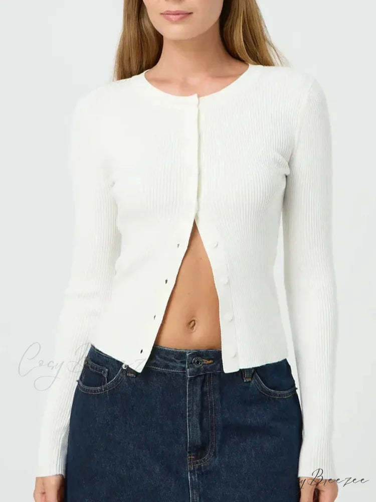 Plain Color Ribbed Full Sleeve Knit Cardigan cardigans-241228