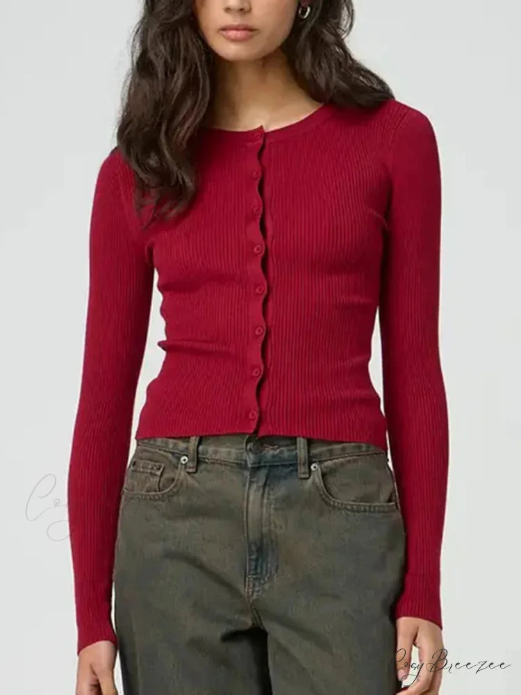 Plain Color Ribbed Full Sleeve Knit Cardigan cardigans-241228