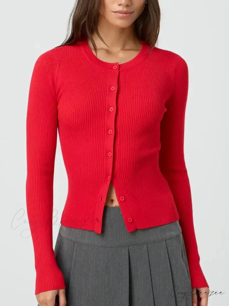 Plain Color Ribbed Full Sleeve Knit Cardigan cardigans-241228