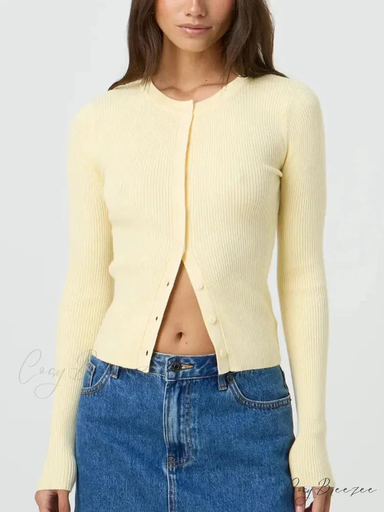 Plain Color Ribbed Full Sleeve Knit Cardigan cardigans-241228