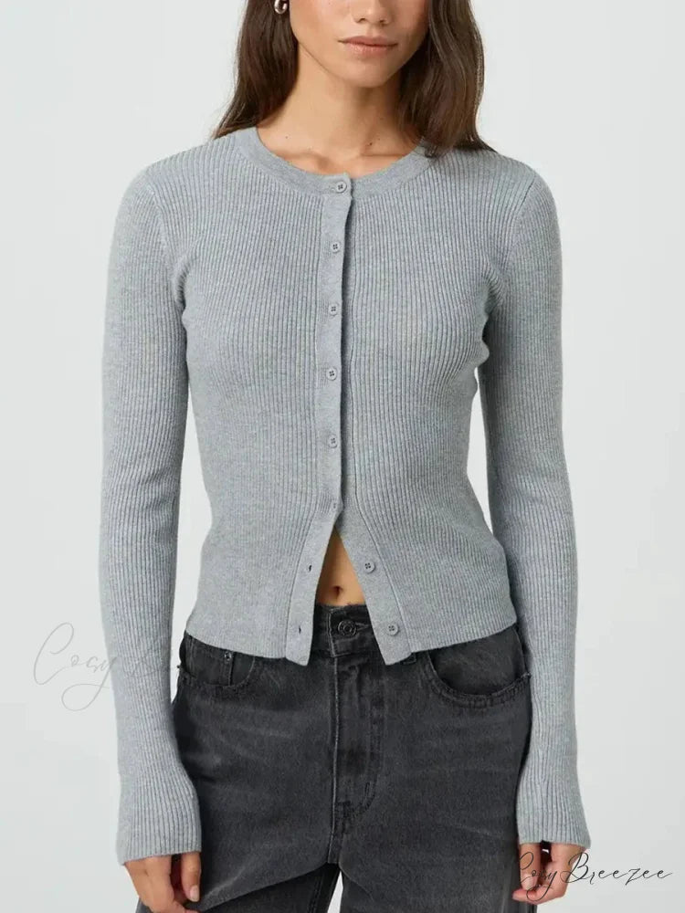 Plain Color Ribbed Full Sleeve Knit Cardigan grey / S cardigans-241228