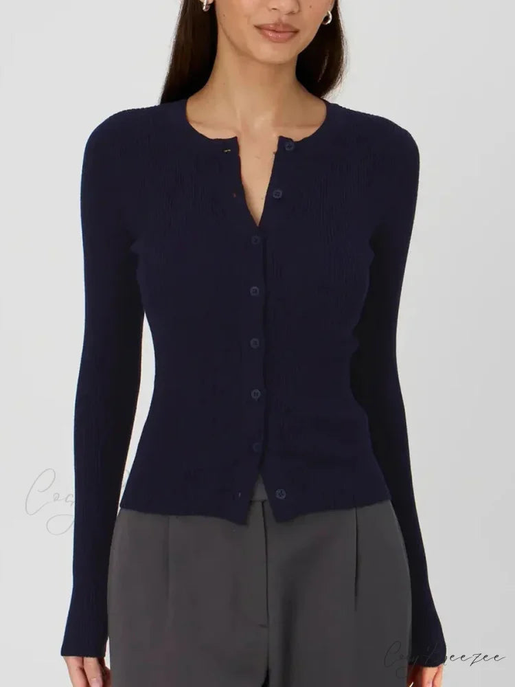 Plain Color Ribbed Full Sleeve Knit Cardigan nevy / S cardigans-241228
