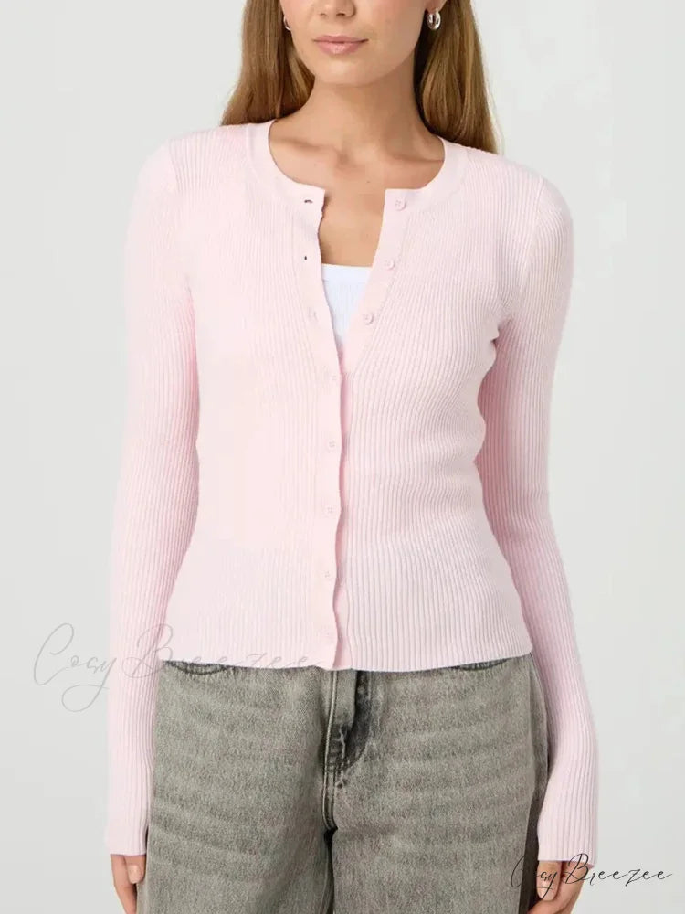 Plain Color Ribbed Full Sleeve Knit Cardigan PINK / S cardigans-241228