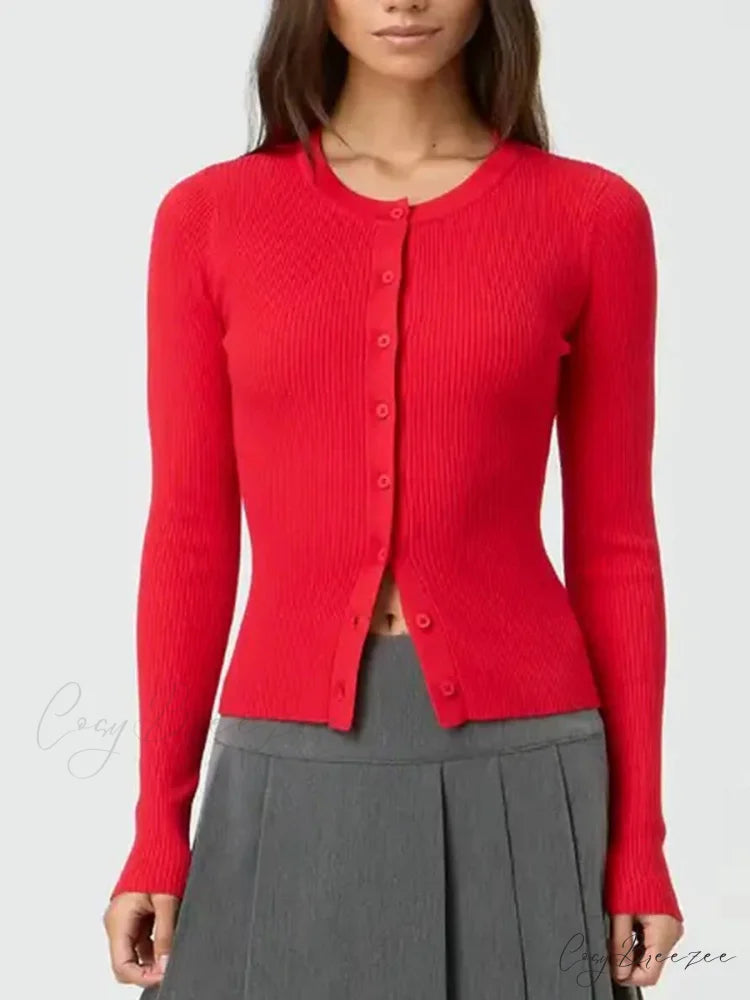 Plain Color Ribbed Full Sleeve Knit Cardigan red / S cardigans-241228