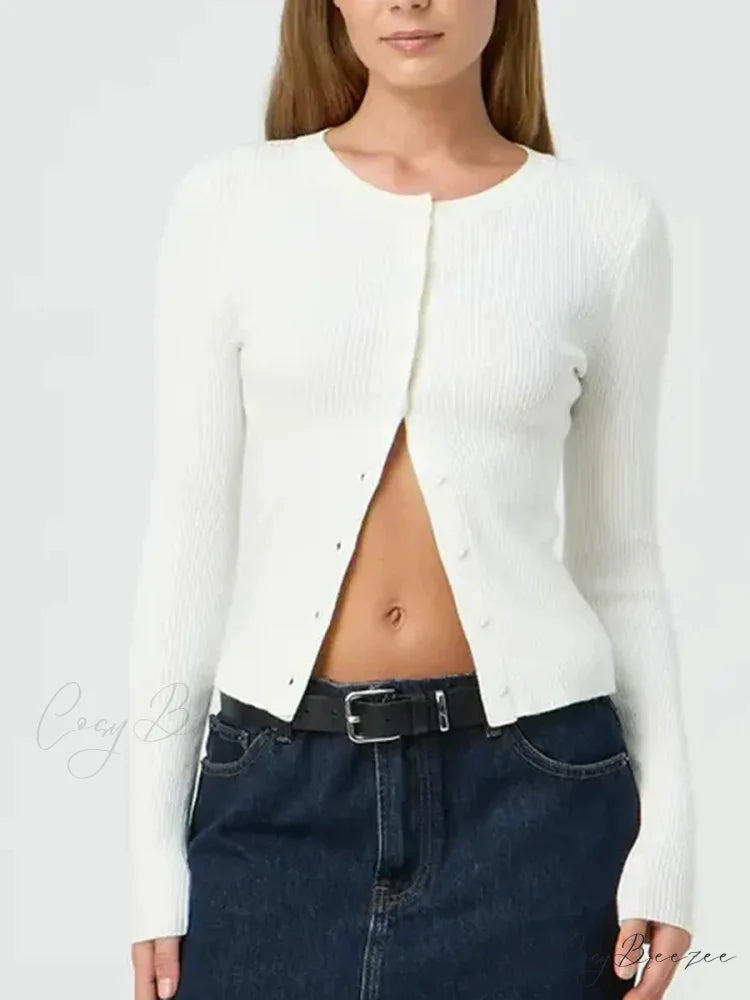 Plain Color Ribbed Full Sleeve Knit Cardigan white / S cardigans-241228