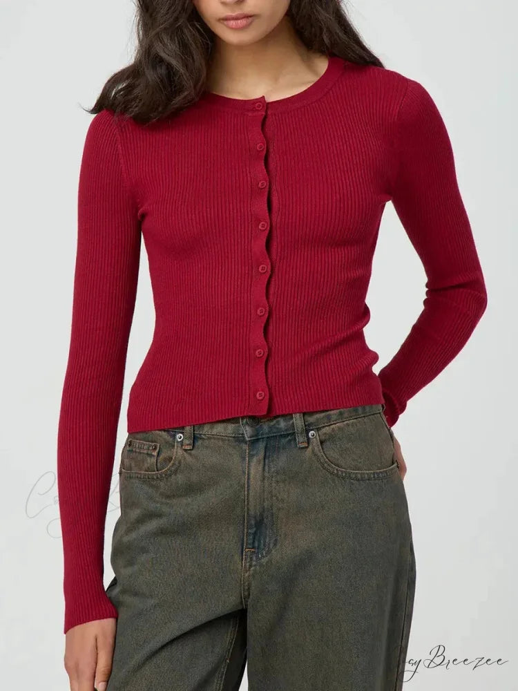 Plain Color Ribbed Full Sleeve Knit Cardigan wine red / S cardigans-241228
