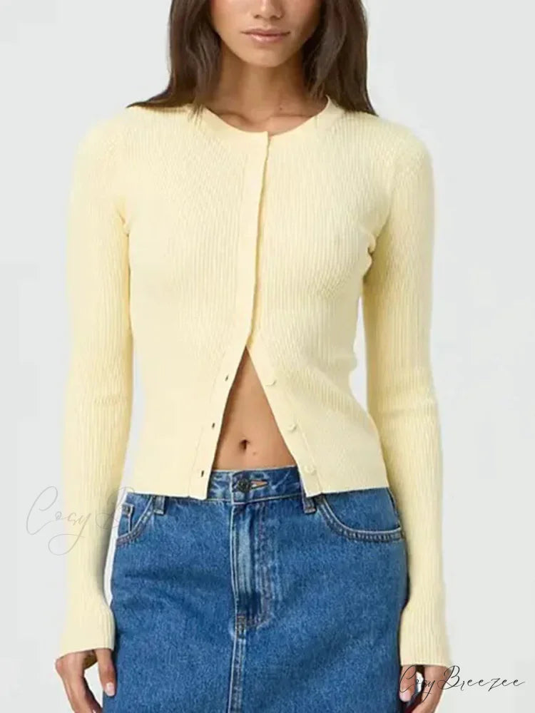 Plain Color Ribbed Full Sleeve Knit Cardigan yellow / S cardigans-241228