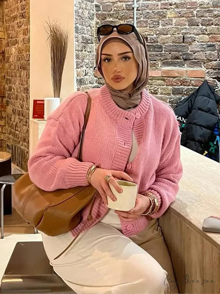 Plain Color Round Neck Cardigan Pink / S cardigans-241228