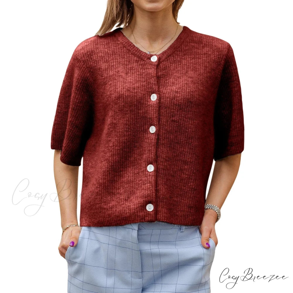 Plain Color Short Sleeve Button Cardigan Burgundy / S cardigans-241228
