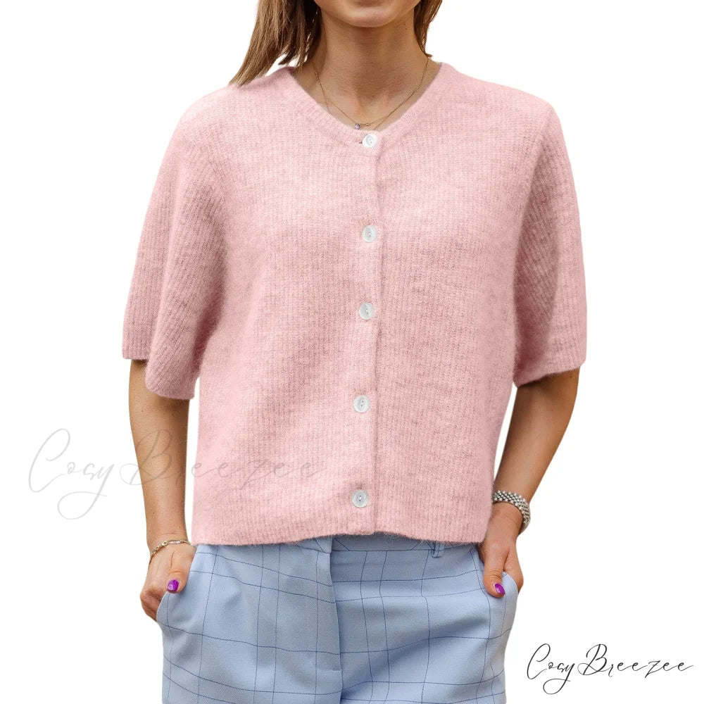 Plain Color Short Sleeve Button Cardigan Pink / S cardigans-241228
