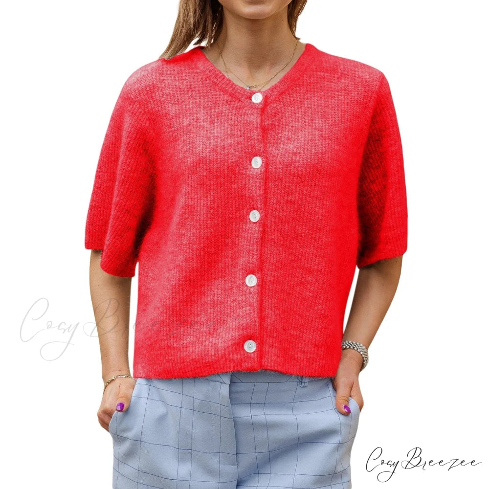 Plain Color Short Sleeve Button Cardigan Red / S cardigans-241228