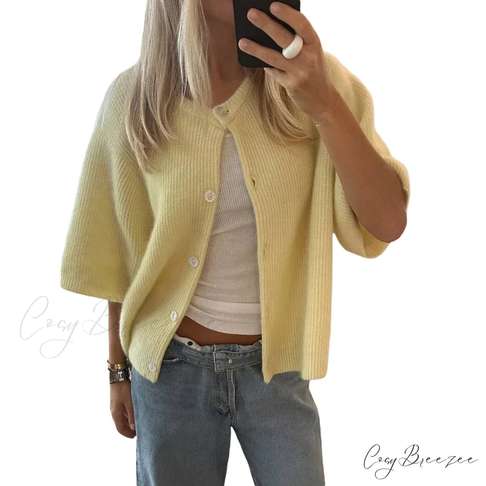 Plain Color Short Sleeve Button Cardigan Yellow / S cardigans-241228
