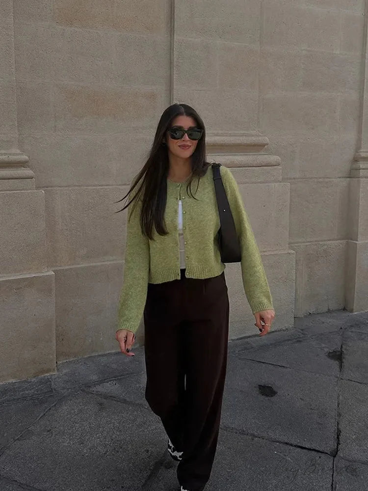 Plain Color Slim Fit Round Neck Cardigan Green / S cardigans-241228