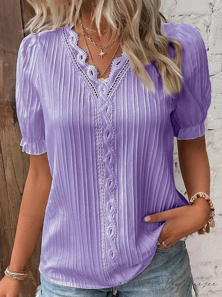 Plain Seductive V-neck Spliced Short Sleeve Blouse blouse-250126
