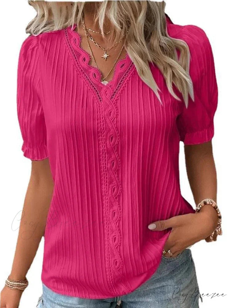 Plain Seductive V-neck Spliced Short Sleeve Blouse blouse-250126