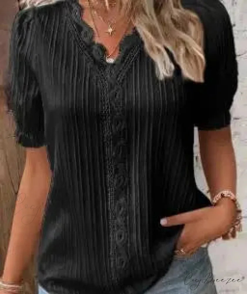 Plain Seductive V-neck Spliced Short Sleeve Blouse Black / S blouse-250126